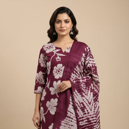 A woman modeling a deep purple and white floral printed kurta set with matching pants and dupatta against a solid beige studio background.