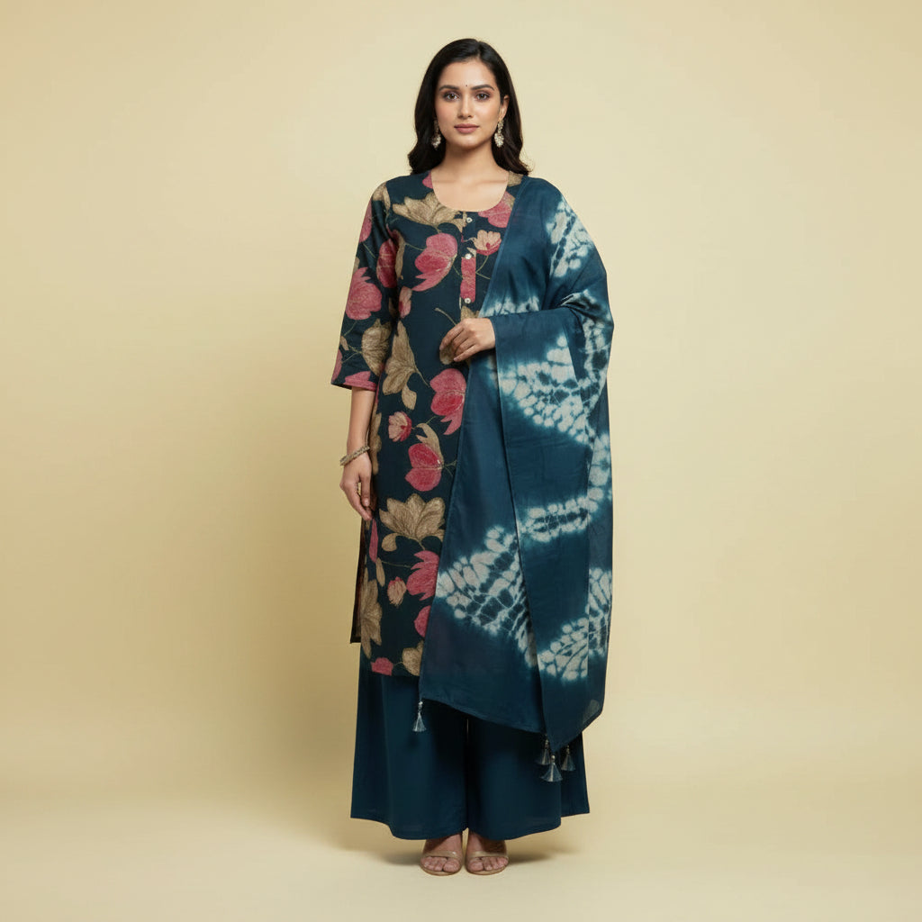 Voilet and Flowers Red and Brown Kurti Set