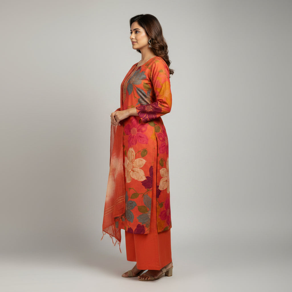 A woman modeling a traditional Indian salwar kameez suit in a studio setting. The outfit features a vibrant orange and pink floral printed kurta with orange trousers and a matching orange dupatta.