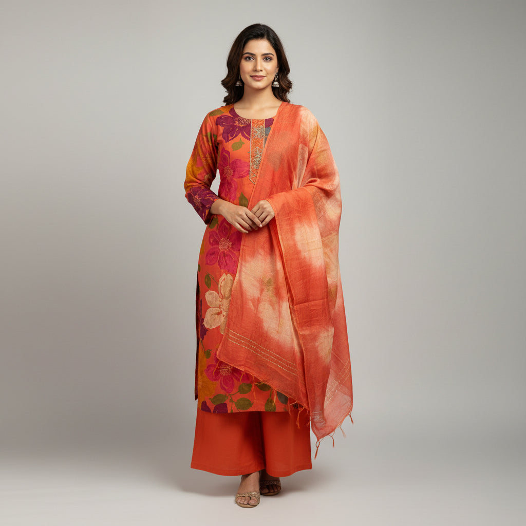 A three-piece women's salwar suit set laid flat on a light blue floral bedsheet. The set includes a long-sleeve kurta in a vibrant orange-red base with large magenta, purple, and green floral prints, paired with solid bright orange-red pants and a matching inner layer or dupatta.