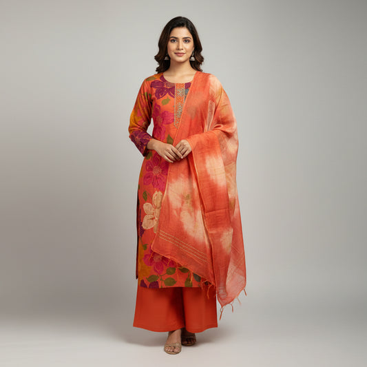A three-piece women's salwar suit set laid flat on a light blue floral bedsheet. The set includes a long-sleeve kurta in a vibrant orange-red base with large magenta, purple, and green floral prints, paired with solid bright orange-red pants and a matching inner layer or dupatta.