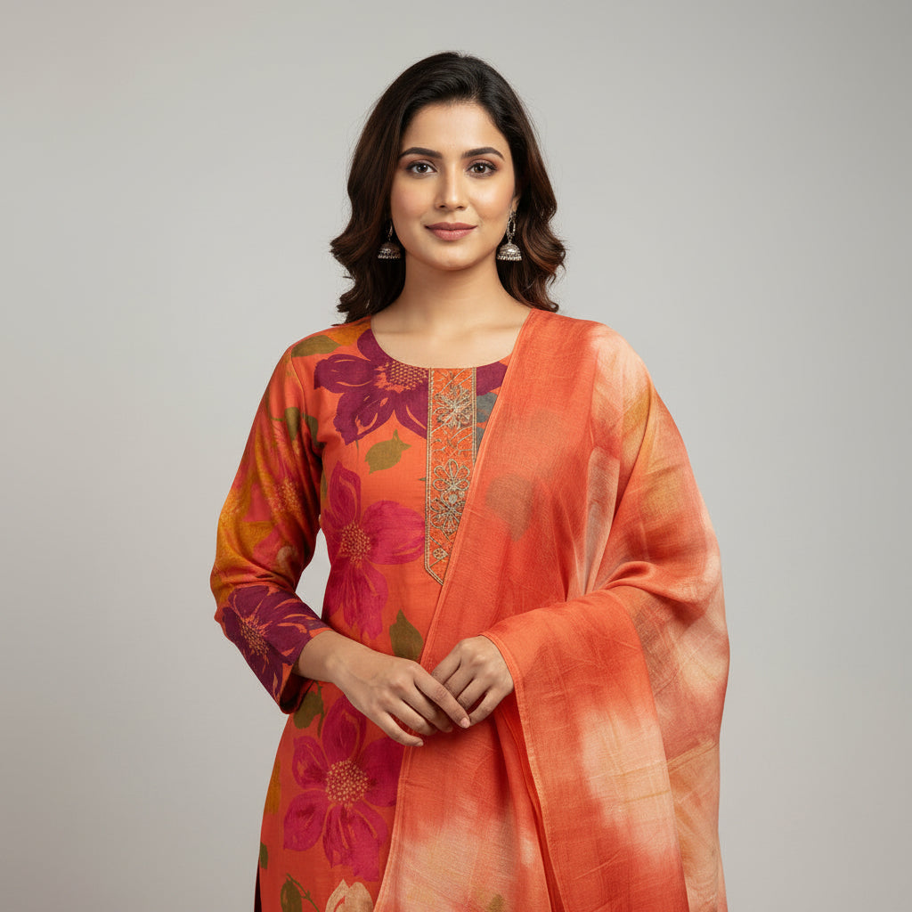 A woman modeling a traditional Indian salwar kameez suit in a studio setting. The outfit features a vibrant orange and pink floral printed kurta with orange trousers and a matching orange dupatta.