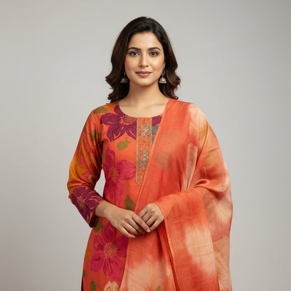 A woman modeling a traditional Indian salwar kameez suit in a studio setting. The outfit features a vibrant orange and pink floral printed kurta with orange trousers and a matching orange dupatta.
