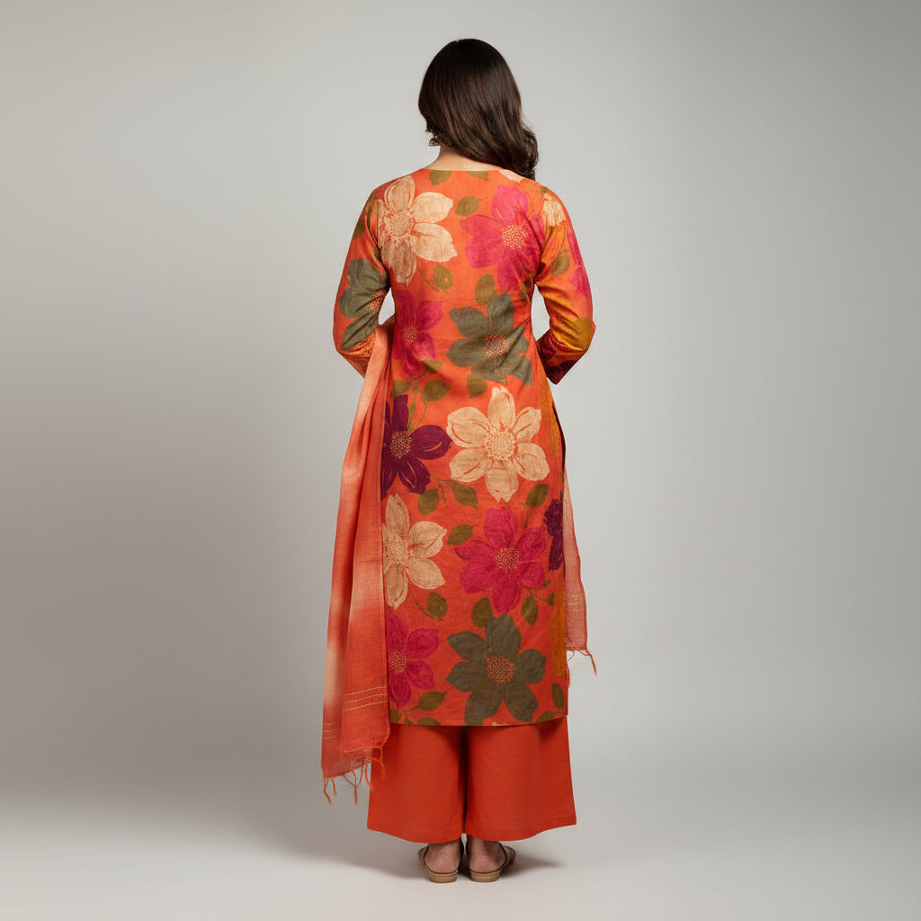 A woman modeling a traditional Indian salwar kameez suit in a studio setting. The outfit features a vibrant orange and pink floral printed kurta with orange trousers and a matching orange dupatta.