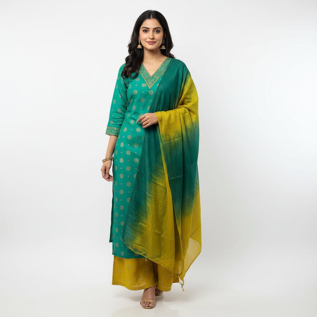 A three-piece women's ethnic wear set laid flat on a bed, featuring a green kurta with gold motifs, matching green and yellow gradient pants, and yellow shorts.