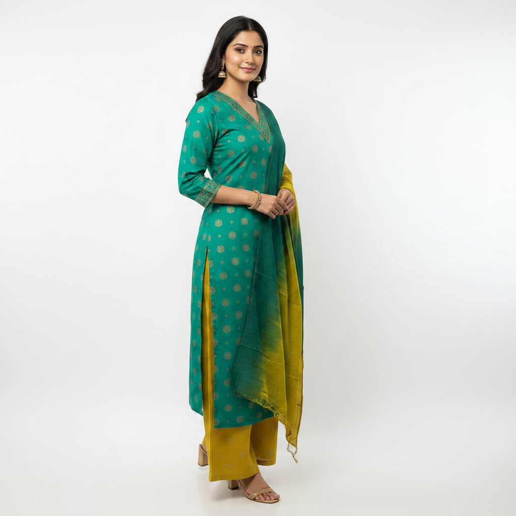 A woman modeling a traditional Indian outfit consisting of a teal green kurta with gold polka dots, matching trousers, and a matching gradient green and yellow dupatta, set against a plain white studio background.