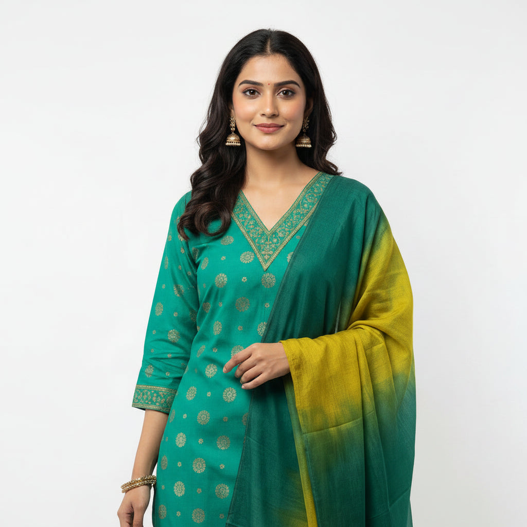 A woman modeling a traditional Indian outfit consisting of a teal green kurta with gold polka dots, matching trousers, and a matching gradient green and yellow dupatta, set against a plain white studio background.