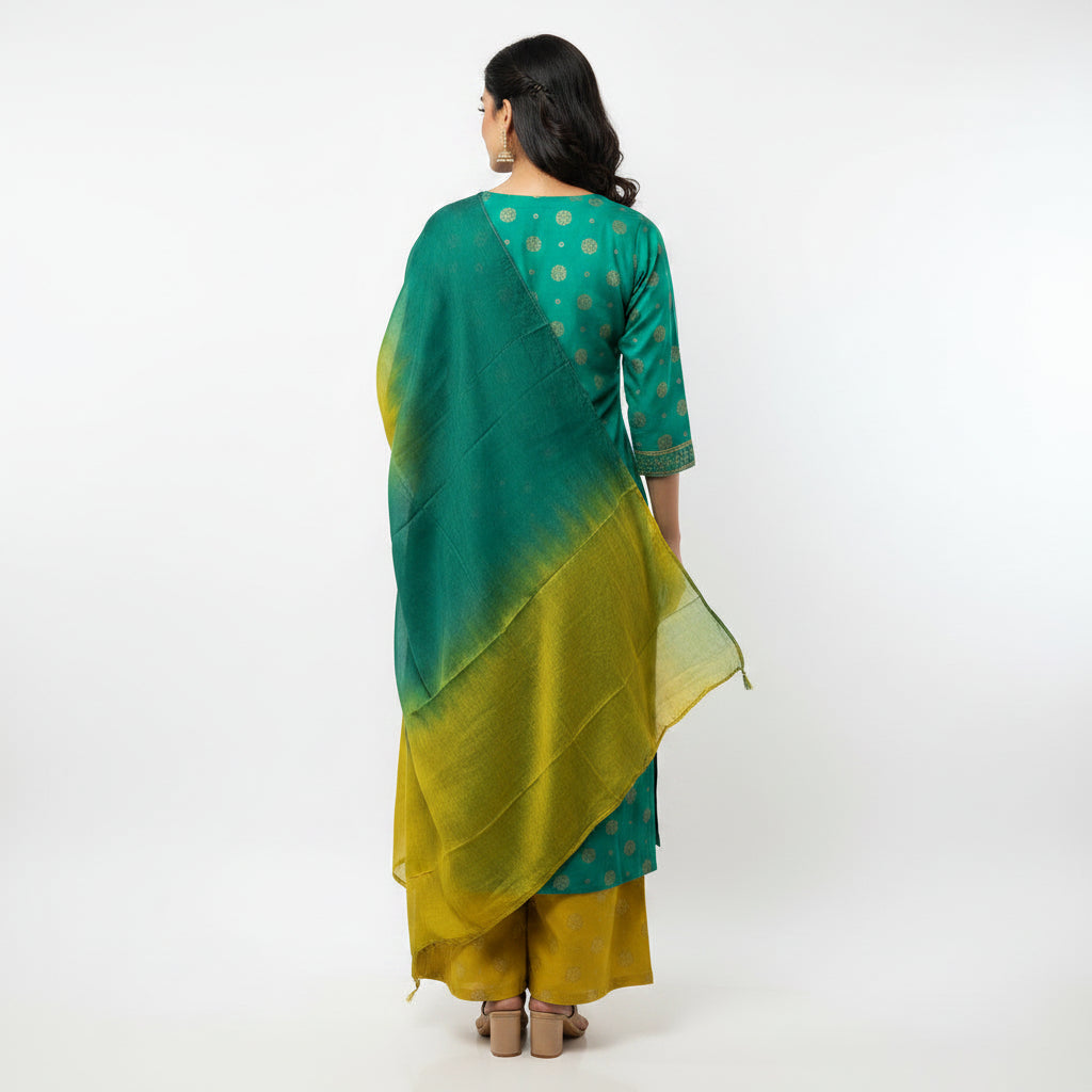 A woman modeling a traditional Indian outfit consisting of a teal green kurta with gold polka dots, matching trousers, and a matching gradient green and yellow dupatta, set against a plain white studio background.