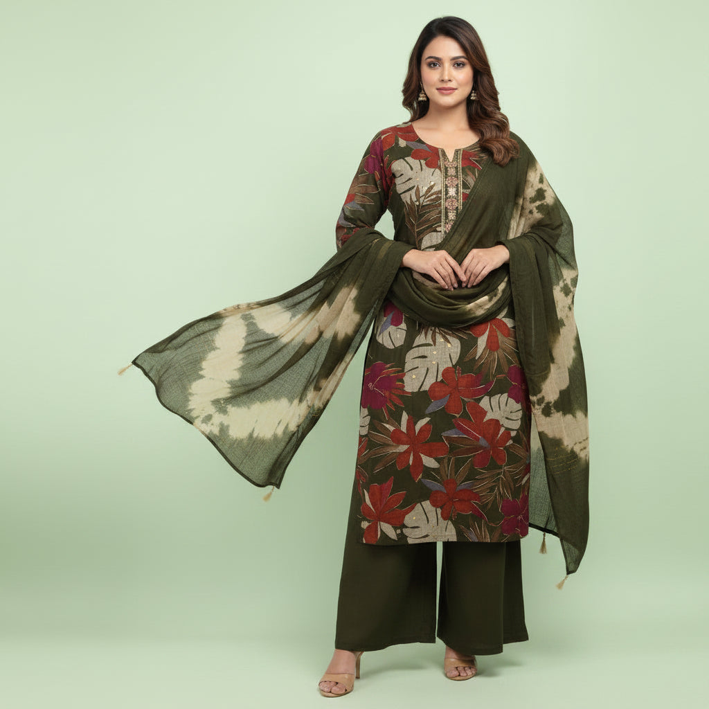 A three-piece women's ethnic wear set laid out on a bed, featuring a printed kurta with a floral and leaf pattern, solid olive green pants, and matching olive green tie-dye pants.