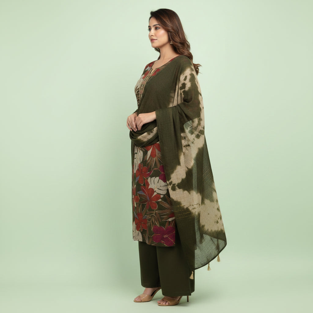 A woman models a three-piece Indian ethnic salwar kameez suit set. The set features an olive green kurta with a red and beige floral print, matching olive green wide-leg trousers, and a matching olive green dupatta with beige tie-dye patterns.