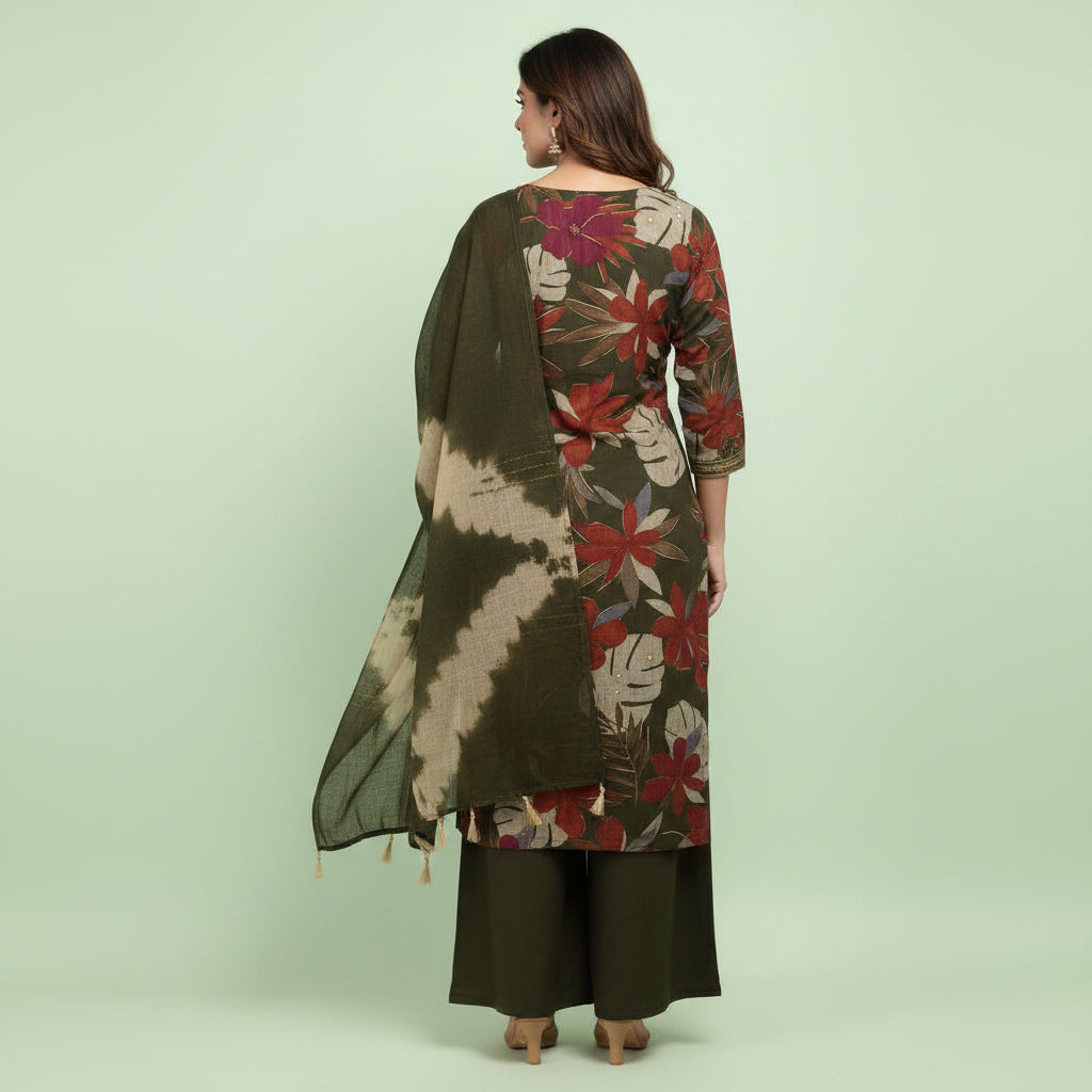 A woman models a three-piece Indian ethnic salwar kameez suit set. The set features an olive green kurta with a red and beige floral print, matching olive green wide-leg trousers, and a matching olive green dupatta with beige tie-dye patterns.