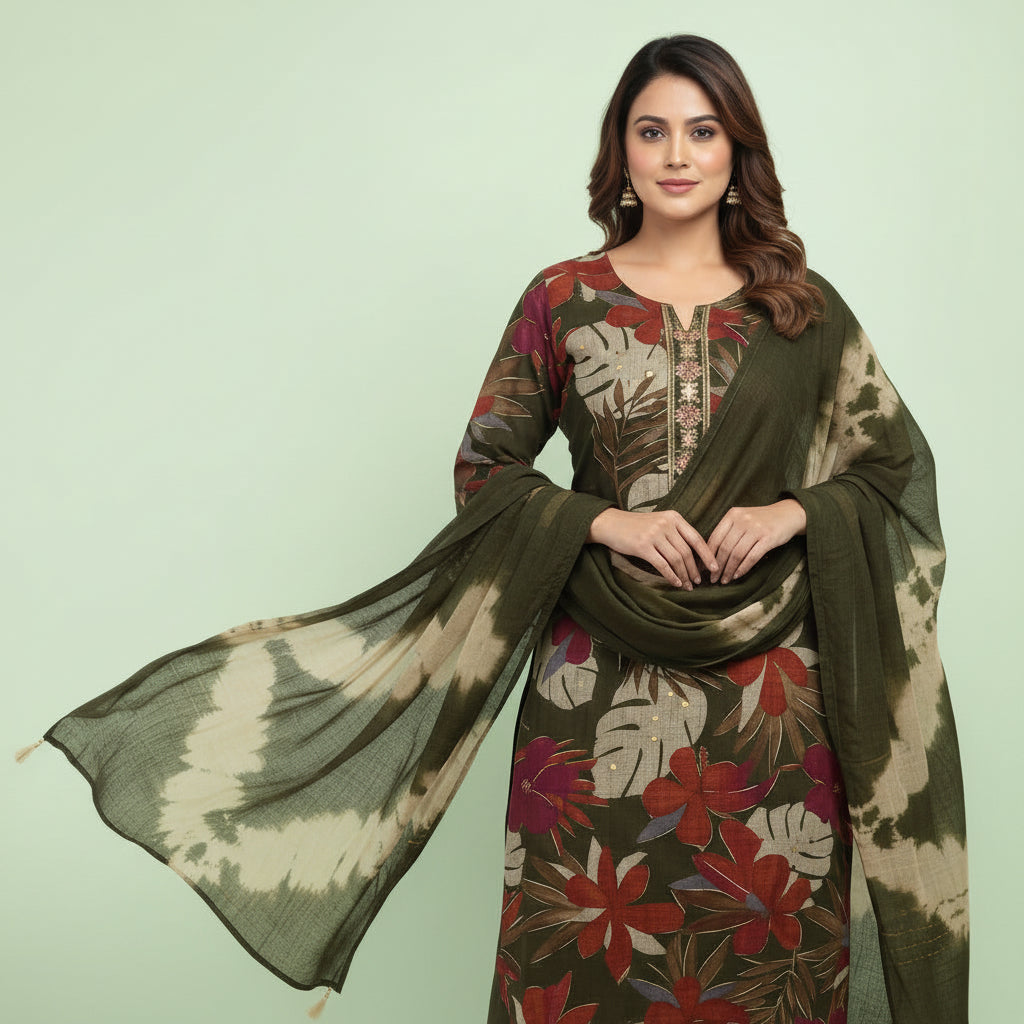 Dark Green Flower Red and Orange Kurti Set