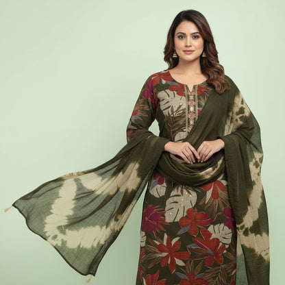 Dark Green Flower Red and Orange Kurti Set