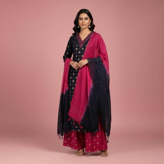 A dark navy blue fabric garment with gold motifs is laid out on a bed alongside a folded bright pink fabric piece with gold motifs and a matching dark navy to hot pink gradient fabric piece.