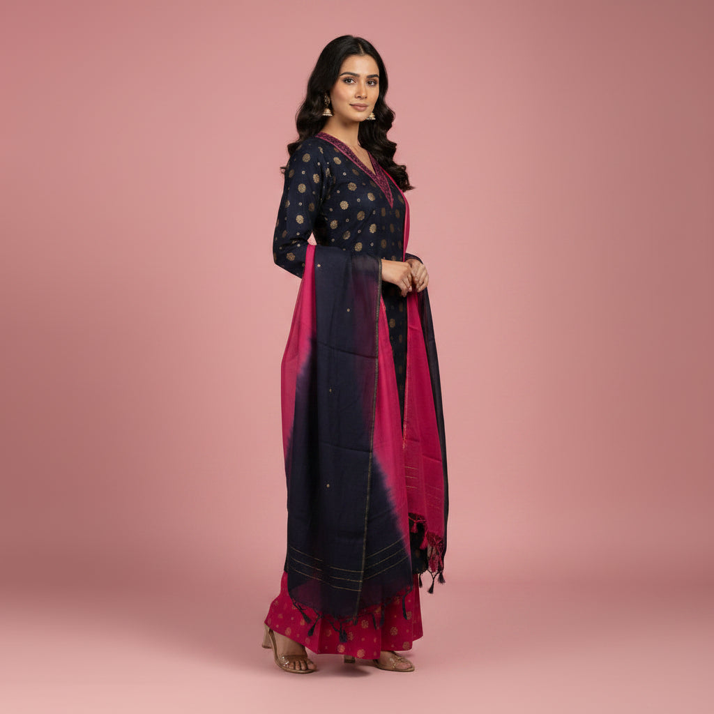 A woman modeling a traditional Indian outfit consisting of a navy blue kurta with gold polka dots, matching navy and pink wide-leg pants, and a vibrant pink and navy tie-dye dupatta, set against a plain light gray studio background.