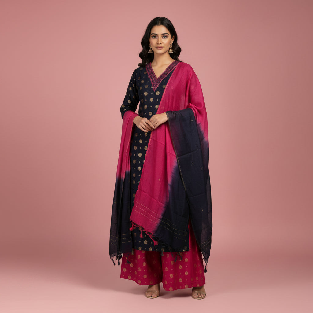 Dark Blue With Embroidery Pink Kurti Set