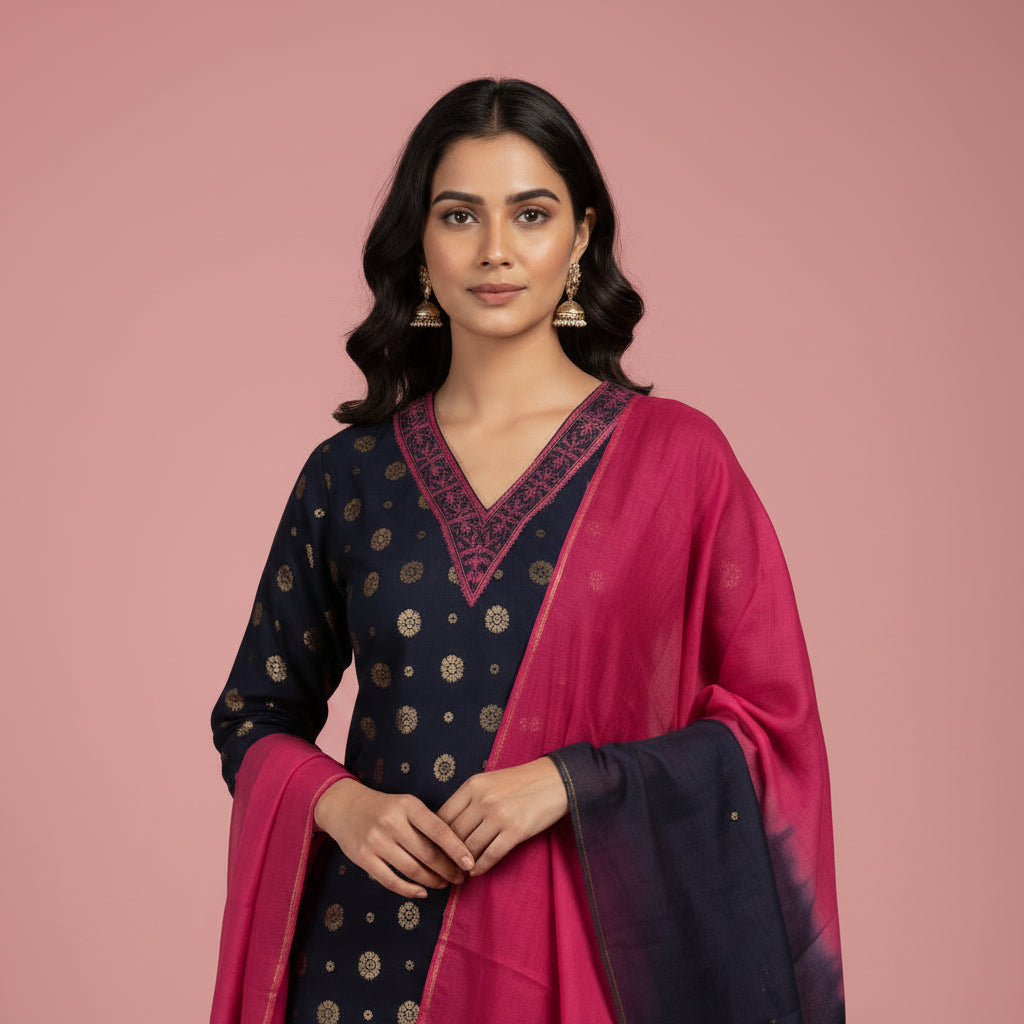 A woman modeling a traditional Indian outfit consisting of a navy blue kurta with gold polka dots, matching navy and pink wide-leg pants, and a vibrant pink and navy tie-dye dupatta, set against a plain light gray studio background.
