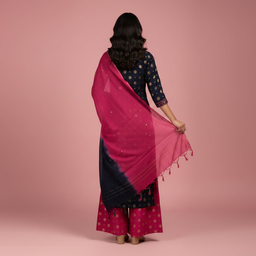 A woman modeling a traditional Indian outfit consisting of a navy blue kurta with gold polka dots, matching navy and pink wide-leg pants, and a vibrant pink and navy tie-dye dupatta, set against a plain light gray studio background.