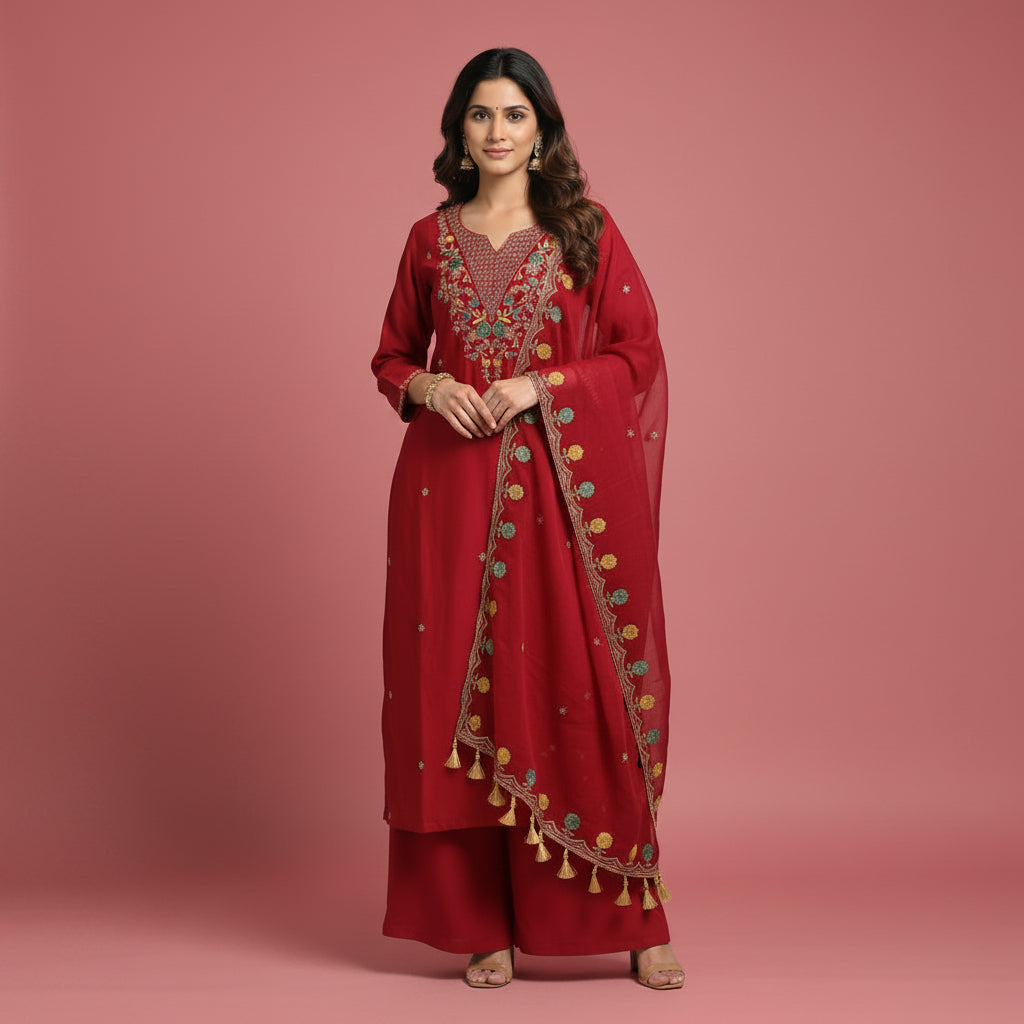 A bright red three-piece salwar kameez suit set laid out on a floral-patterned blue sheet. The set includes a long-sleeved tunic with gold and multicolor embroidery on the neckline, matching red trousers folded in the center, and a matching red skirt with gold and multicolor embroidery along the hem.