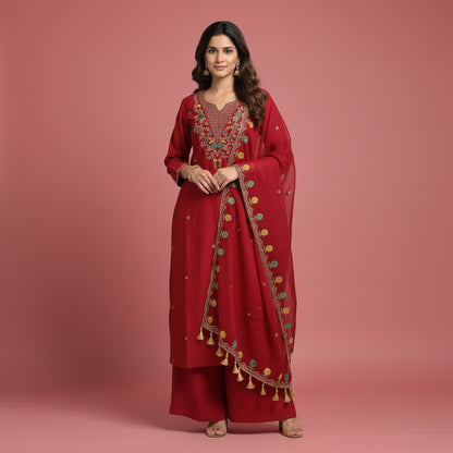A bright red three-piece salwar kameez suit set laid out on a floral-patterned blue sheet. The set includes a long-sleeved tunic with gold and multicolor embroidery on the neckline, matching red trousers folded in the center, and a matching red skirt with gold and multicolor embroidery along the hem.