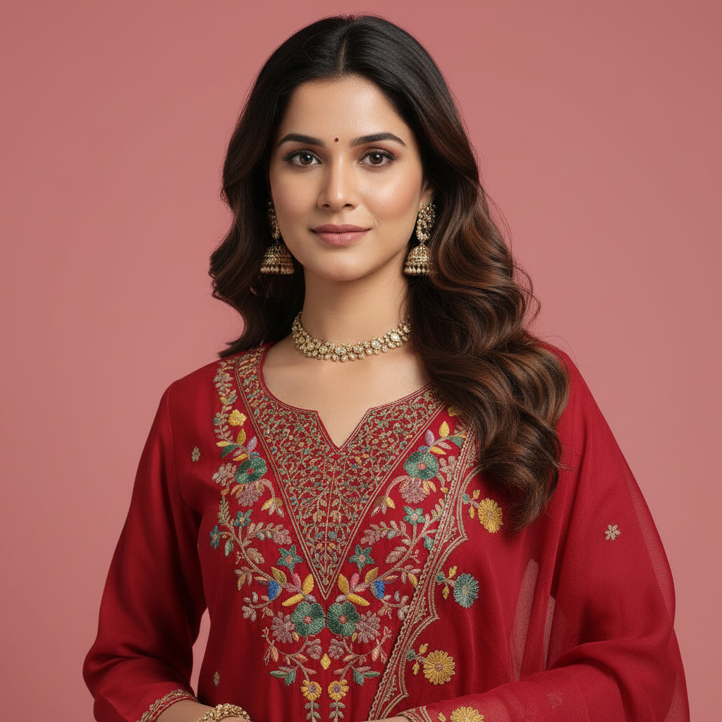 A woman modeling a traditional red Indian salwar kameez suit with intricate gold, green, and blue embroidery on the chest and border, paired with a matching dupatta, against a neutral gray studio background.