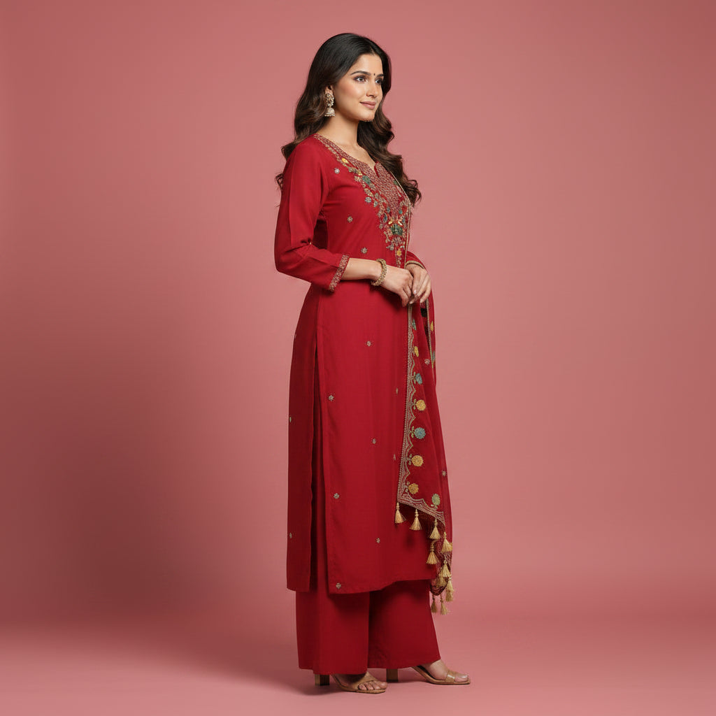 A woman modeling a traditional red Indian salwar kameez suit with intricate gold, green, and blue embroidery on the chest and border, paired with a matching dupatta, against a neutral gray studio background.