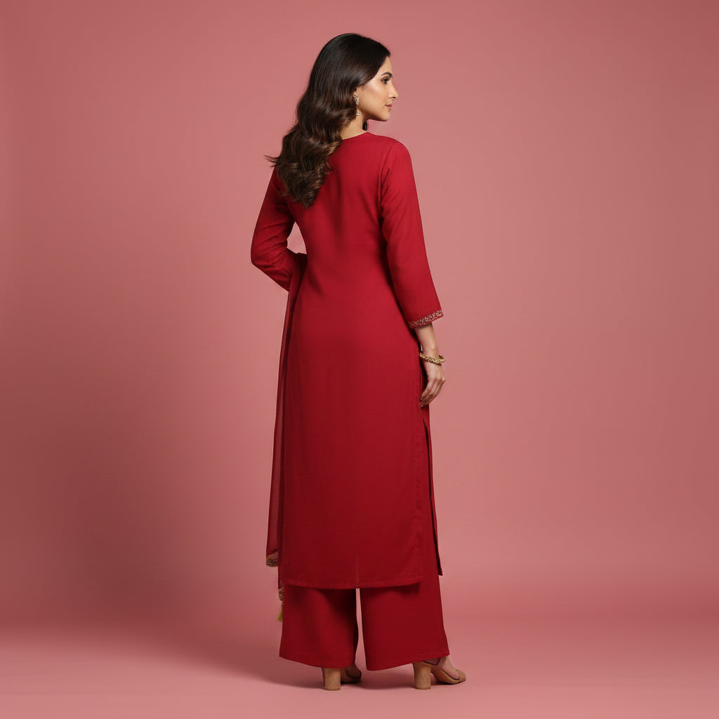 A woman modeling a traditional red Indian salwar kameez suit with intricate gold, green, and blue embroidery on the chest and border, paired with a matching dupatta, against a neutral gray studio background.
