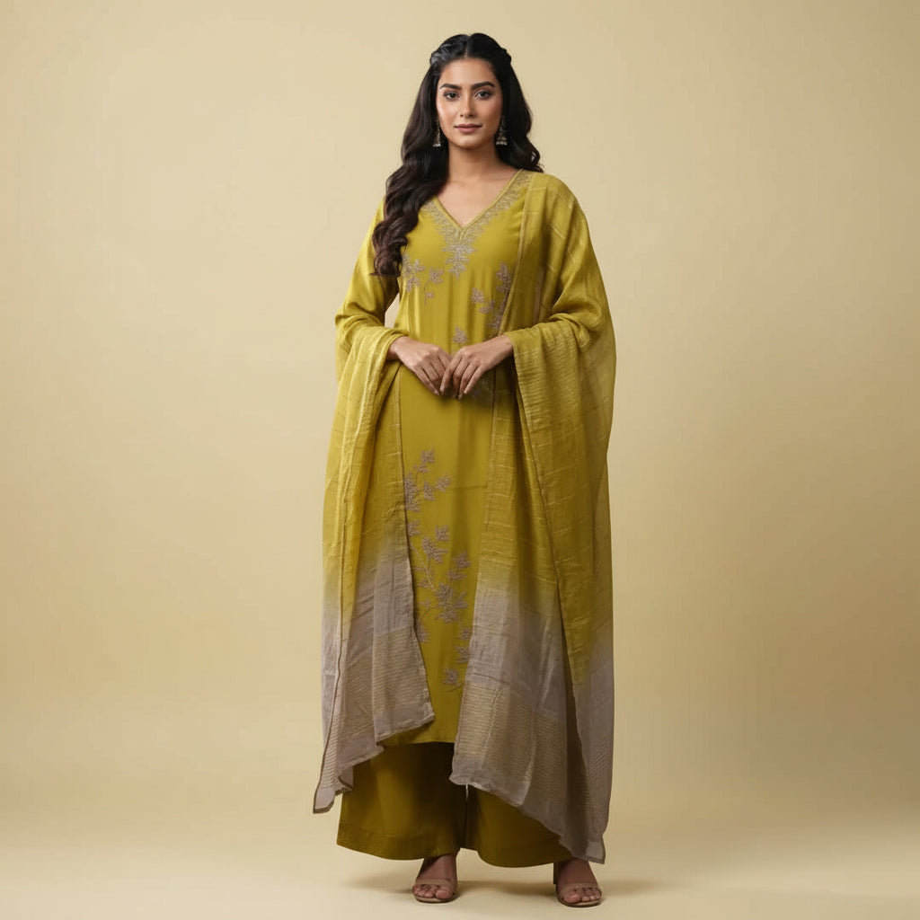 A mustard yellow embroidered salwar suit set laid out on a bed with a blue floral sheet. The set includes a long kurta with floral embroidery, matching trousers with a gradient finish from yellow to light gray, and a small matching pouch.