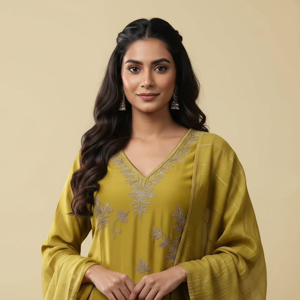 A woman modeling a mustard yellow kurta set with a matching dupatta and wide-leg trousers, featuring subtle gray floral embroidery and a gradient hem, set against a solid beige studio background.