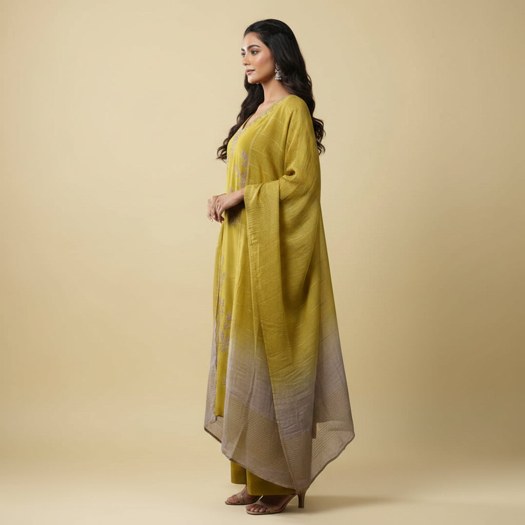 A woman modeling a mustard yellow kurta set with a matching dupatta and wide-leg trousers, featuring subtle gray floral embroidery and a gradient hem, set against a solid beige studio background.
