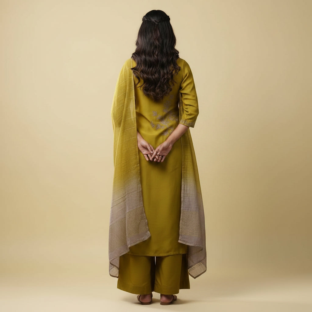 A woman modeling a mustard yellow kurta set with a matching dupatta and wide-leg trousers, featuring subtle gray floral embroidery and a gradient hem, set against a solid beige studio background.