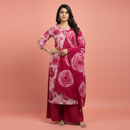 A pink floral kurta set laid out on a bed, including a long-sleeve top with a pink and magenta floral pattern, matching pink pants, and a folded tie-dye fabric piece.