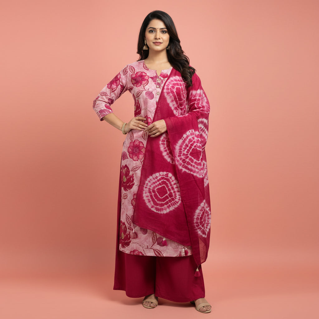 Pink with Flower Red Kurti Set