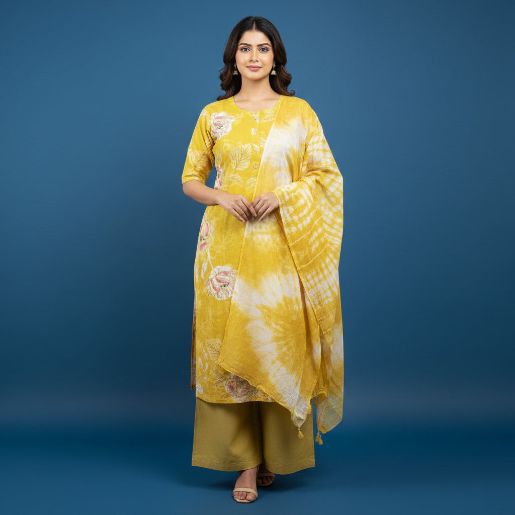 A three-piece yellow ethnic wear set laid flat on a blue floral bedsheet, featuring a long-sleeve kurta with a pink and white floral print, matching yellow trousers, and a folded yellow fabric piece with a white tie-dye pattern.