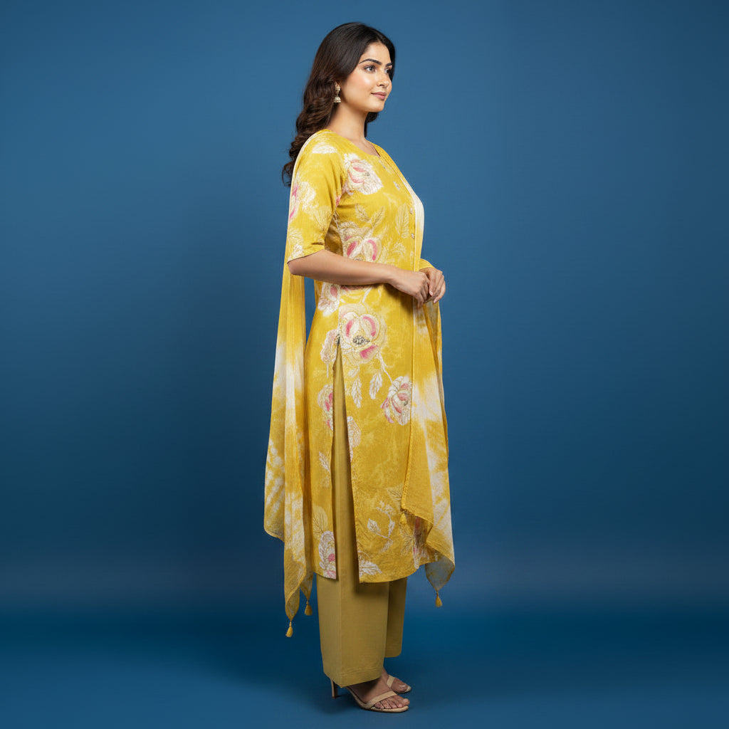 A woman modeling a yellow and white tie-dye printed kurta set with matching pants and a dupatta, standing against a solid blue studio background.
