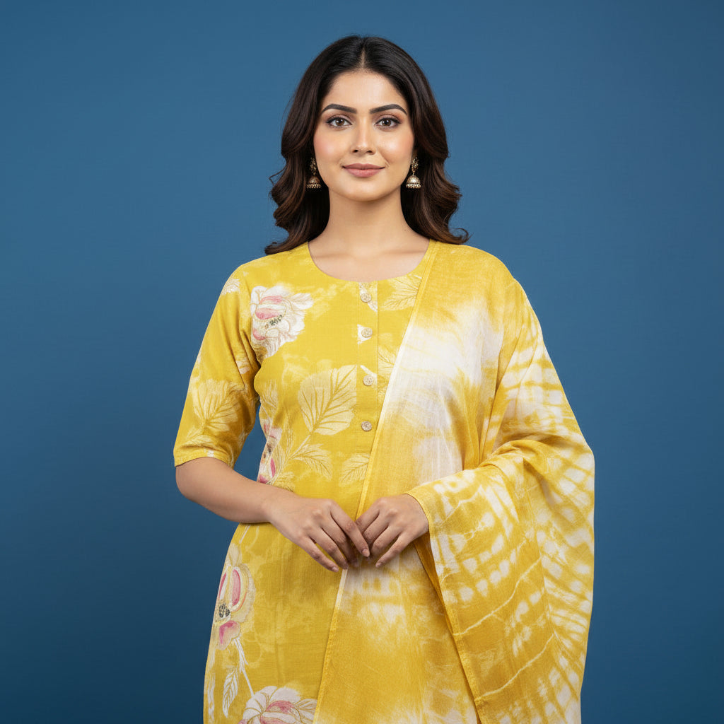 A woman modeling a yellow and white tie-dye printed kurta set with matching pants and a dupatta, standing against a solid blue studio background.