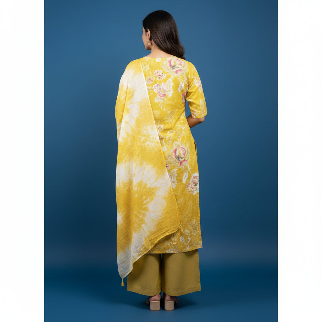 A woman modeling a yellow and white tie-dye printed kurta set with matching pants and a dupatta, standing against a solid blue studio background.