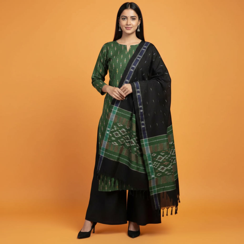 Green and black fabric with patterns on a floral-patterned surface