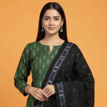 Woman wearing a black and green traditional outfit on an orange background