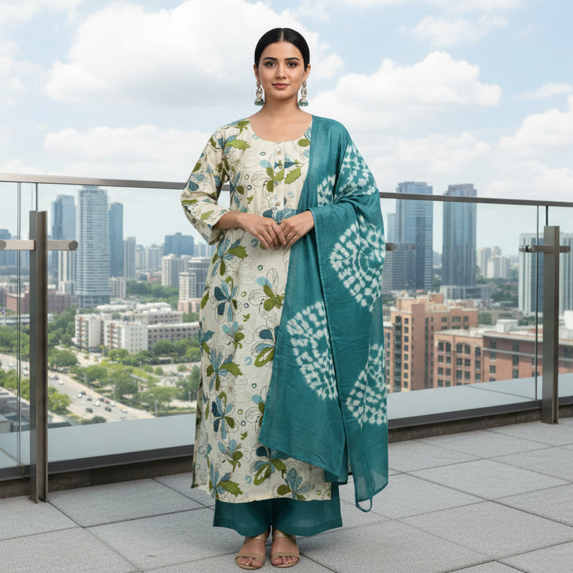 Woman wearing a floral kurta with a matching dupatta on a gray background