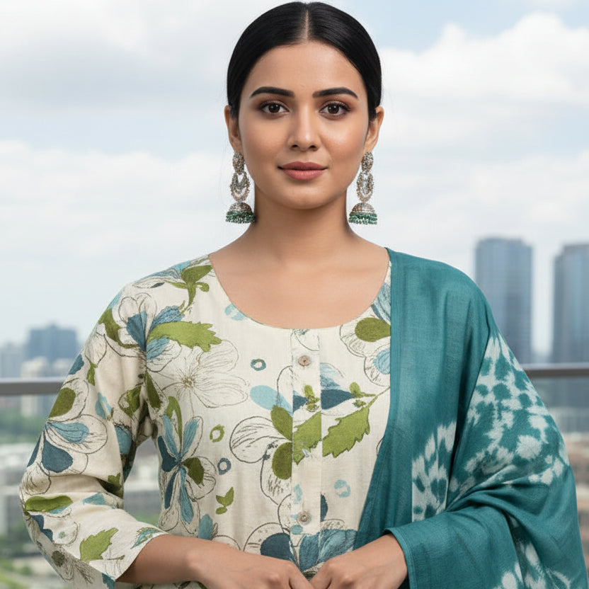 Woman in a floral dress with a teal dupatta on a rooftop with cityscape background