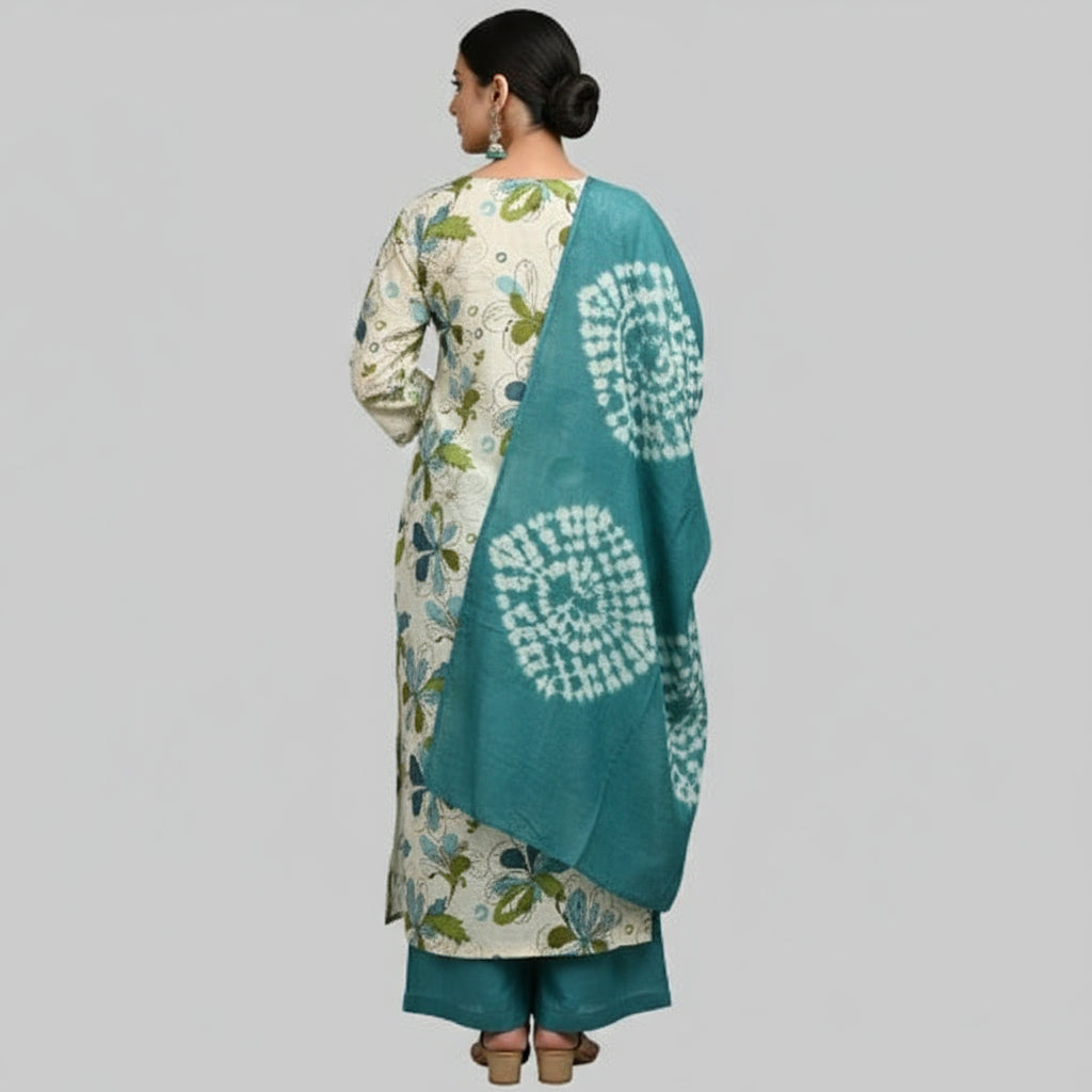 Woman wearing a floral kurta with a matching dupatta on a gray background