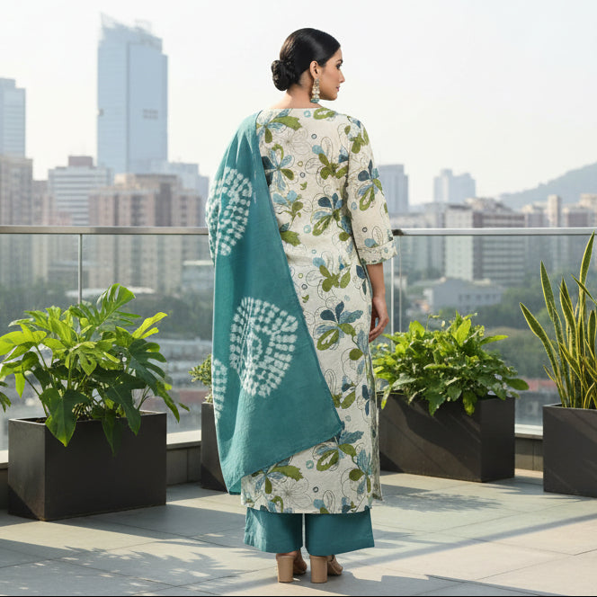 Woman wearing a floral kurta with a matching dupatta on a gray background