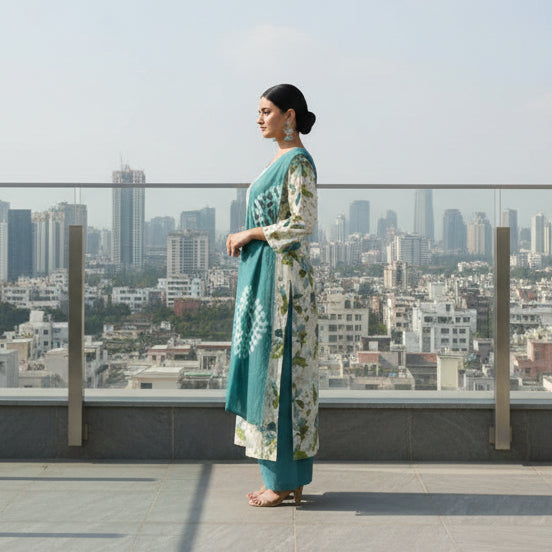 Woman wearing a floral kurta with a matching dupatta on a gray background