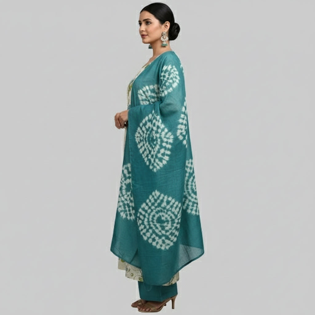 Woman wearing a floral kurta with a matching dupatta on a gray background