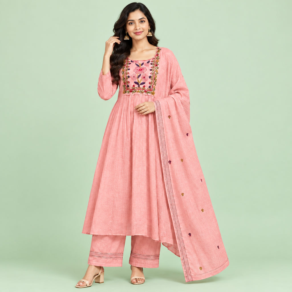 A pink salwar suit set laid flat on a patterned floor, featuring a long-sleeve kurta with floral embroidery around the neckline, matching trousers, and a coordinating dupatta.