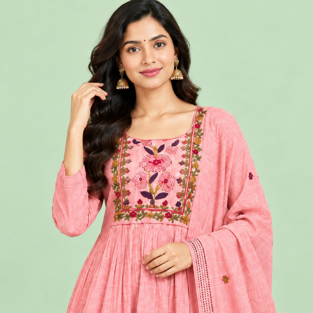 A pink traditional women's outfit laid flat on a patterned bedspread, consisting of a long kurta with floral embroidery around the neckline, matching trousers, and a sheer skirt or drape piece with small embroidered details.