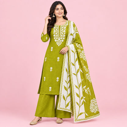 A mustard yellow and white printed cotton garment, likely a kurta or dress, shown folded with a matching pocket or pouch. The fabric features white floral and leaf patterns, a white embroidered yoke design on the upper section, and a yellow-gold geometric border.