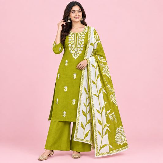 A mustard yellow and white printed cotton garment, likely a kurta or dress, shown folded with a matching pocket or pouch. The fabric features white floral and leaf patterns, a white embroidered yoke design on the upper section, and a yellow-gold geometric border.