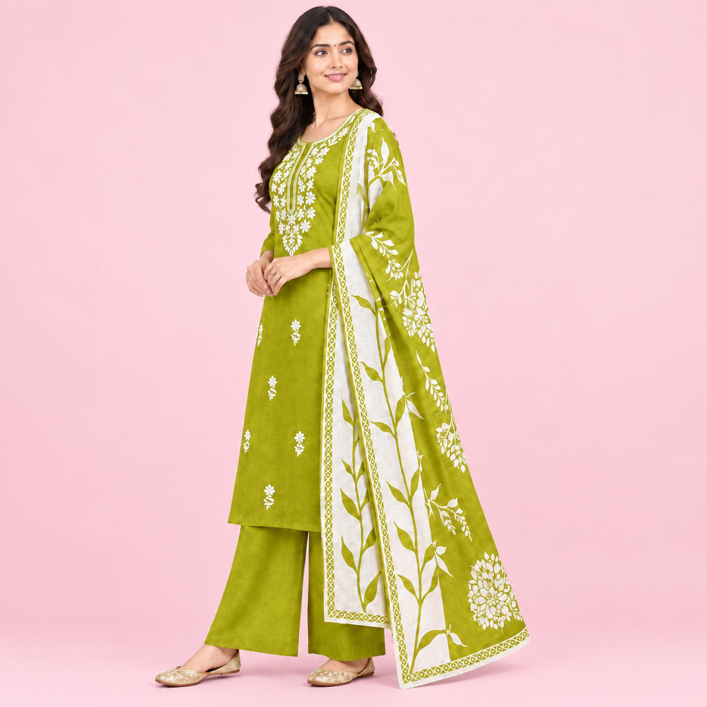 A mustard yellow and white printed cotton garment, likely a kurta or dress, shown folded with a matching pocket or pouch. The fabric features white floral and leaf patterns, with a yellow embroidered neckline detail on the upper section.